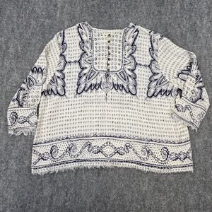 Anthropologie Maeve Top Womens XS Navy White Heart Print Boho Peasant Blouse